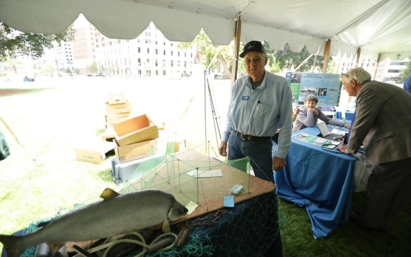 Jim Hamel from Hamel and Son’s Fishery uses a model of trap net commercial fishing net to illustrate how they catch fish.