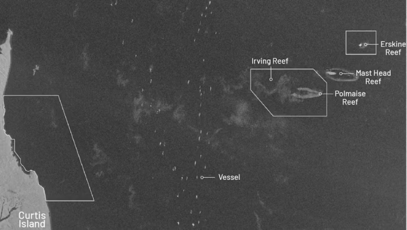 This composite image using synthetic aperture radar data from 2017 to 2021 shows ship activity over those years in a small section of the Great Barrier Reef Marine Park in Australia, outlined in white. It is a kind of time-lapse image that reveals vessel activity. Jennifer Raynor, Sara Orofino, and Gavin McDonald