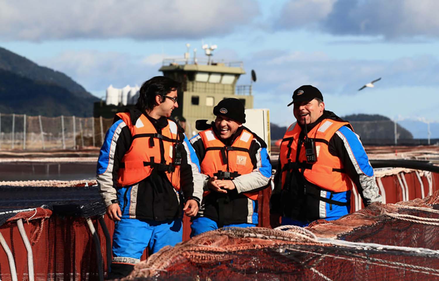 Chilean salmon-farming workers laughing