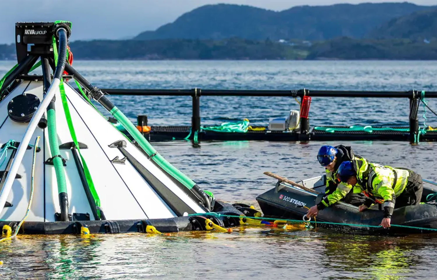 An aquaculture net pen featuring a device made by AKVA group
