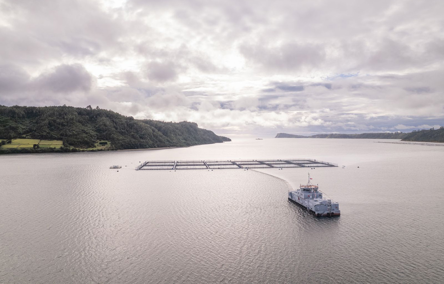 An aerial shot of a Ventisqueros salmon farm