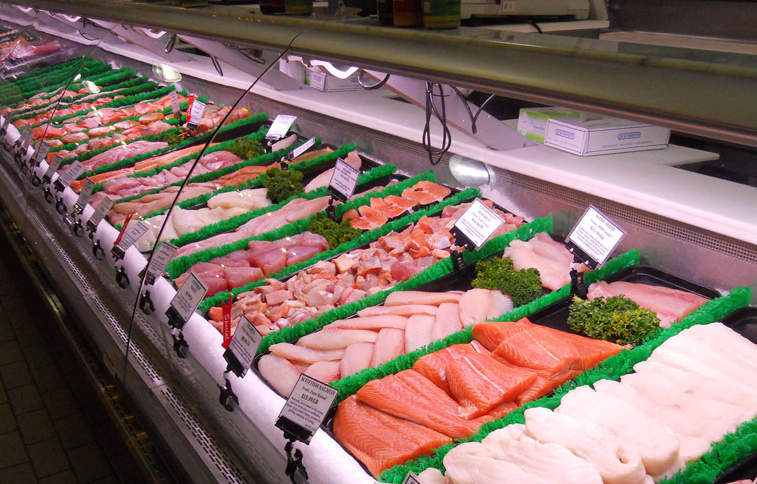 A grocery counter displaying fresh seafood