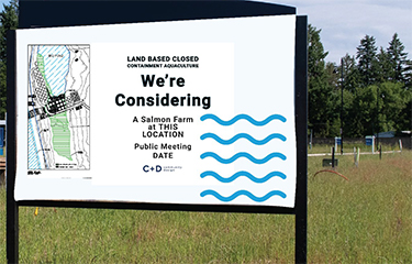 A sign indicating the proposed site of a potential land-based salmon farm in Yarmouth, Nova Scotia, Canada
