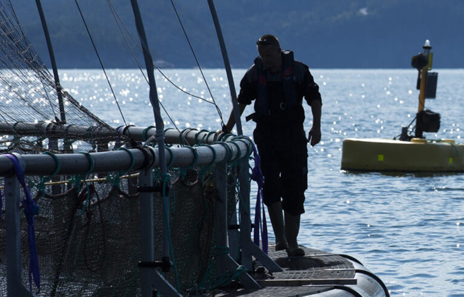 A man standing on an aquaculture net pen in Norway