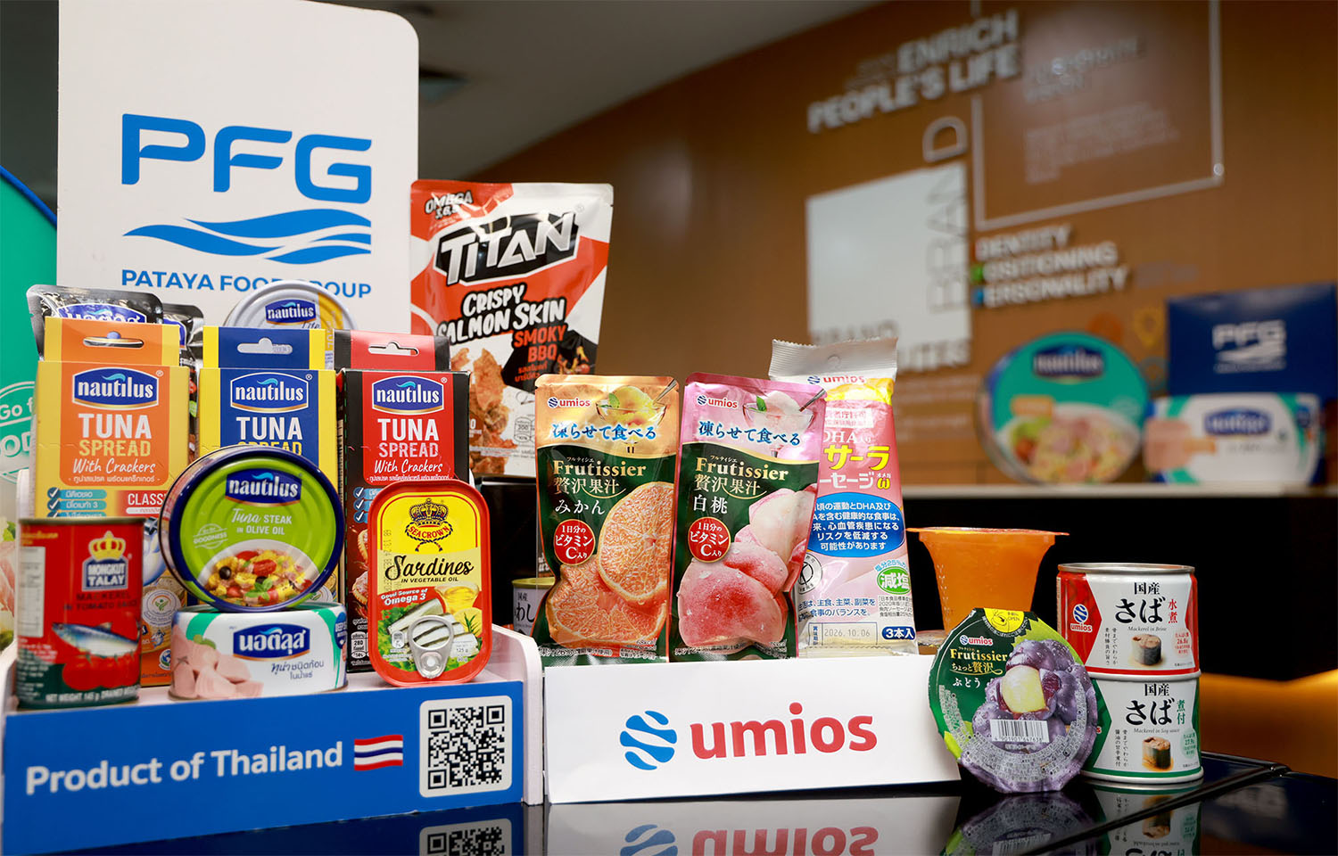 An array of Pataya Food Group products alongside the Umios logo