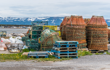 A set of snow crab pots sit on the shore.