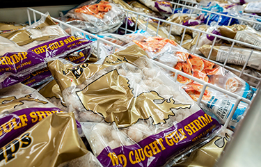 Packages of Louisiana-caught shrimp.