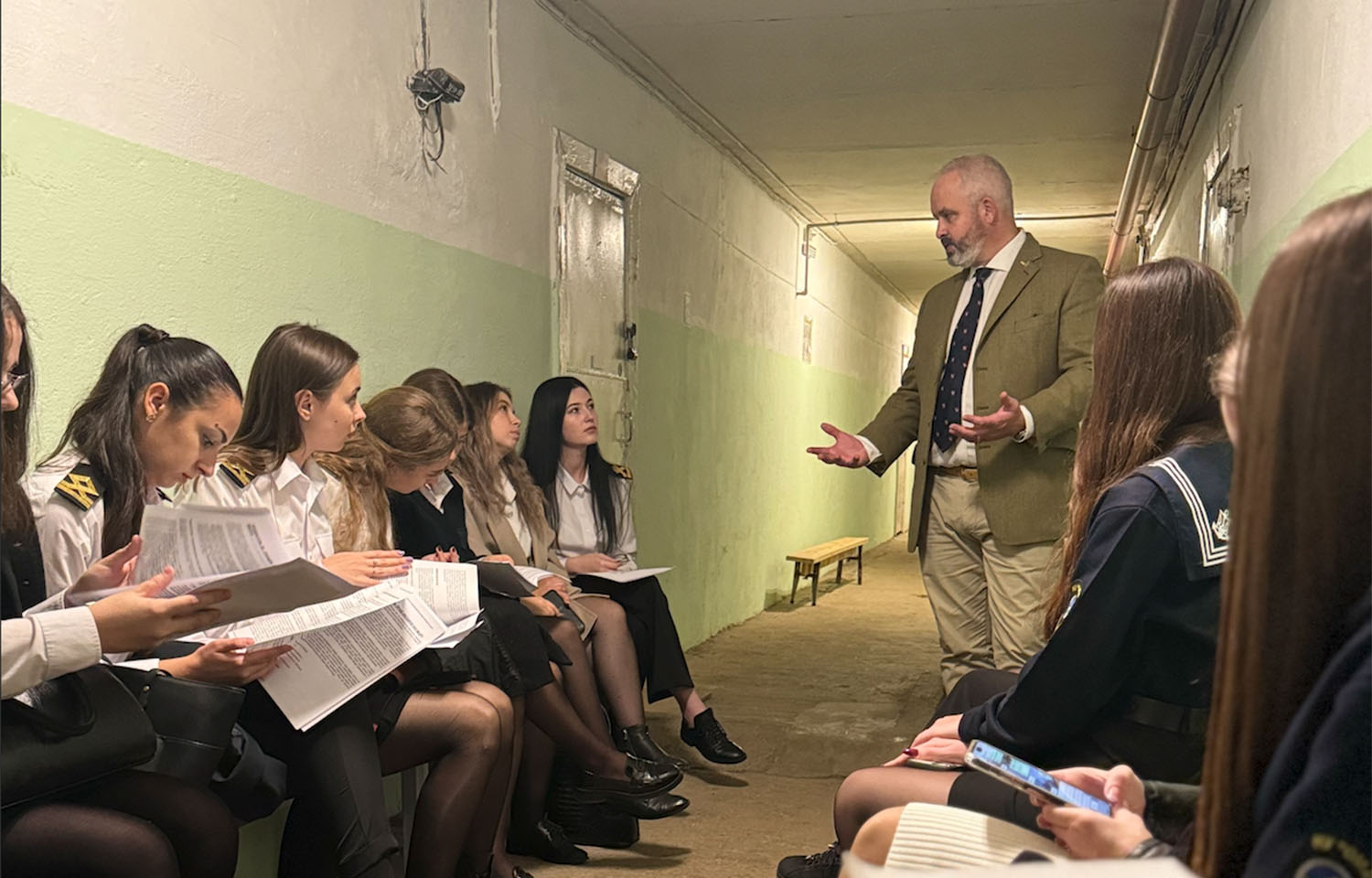 David Hammond teaching Ukrainian maritime cadets in an Odesa bunker during ballistic missile attack.