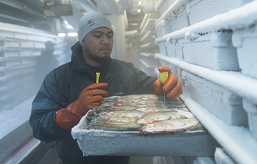 A United States Seafoods employee checking fish block temperatures.
