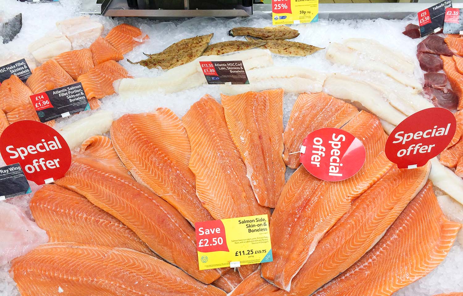 Close-up shot of fresh fish counter inside Tesco supermarket