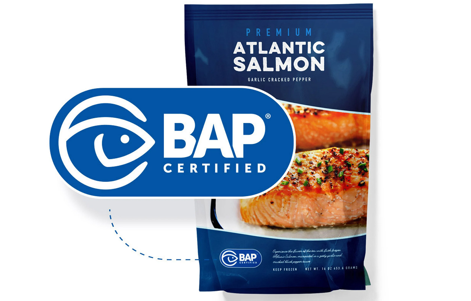 The BAP logo on a package of farmed salmon
