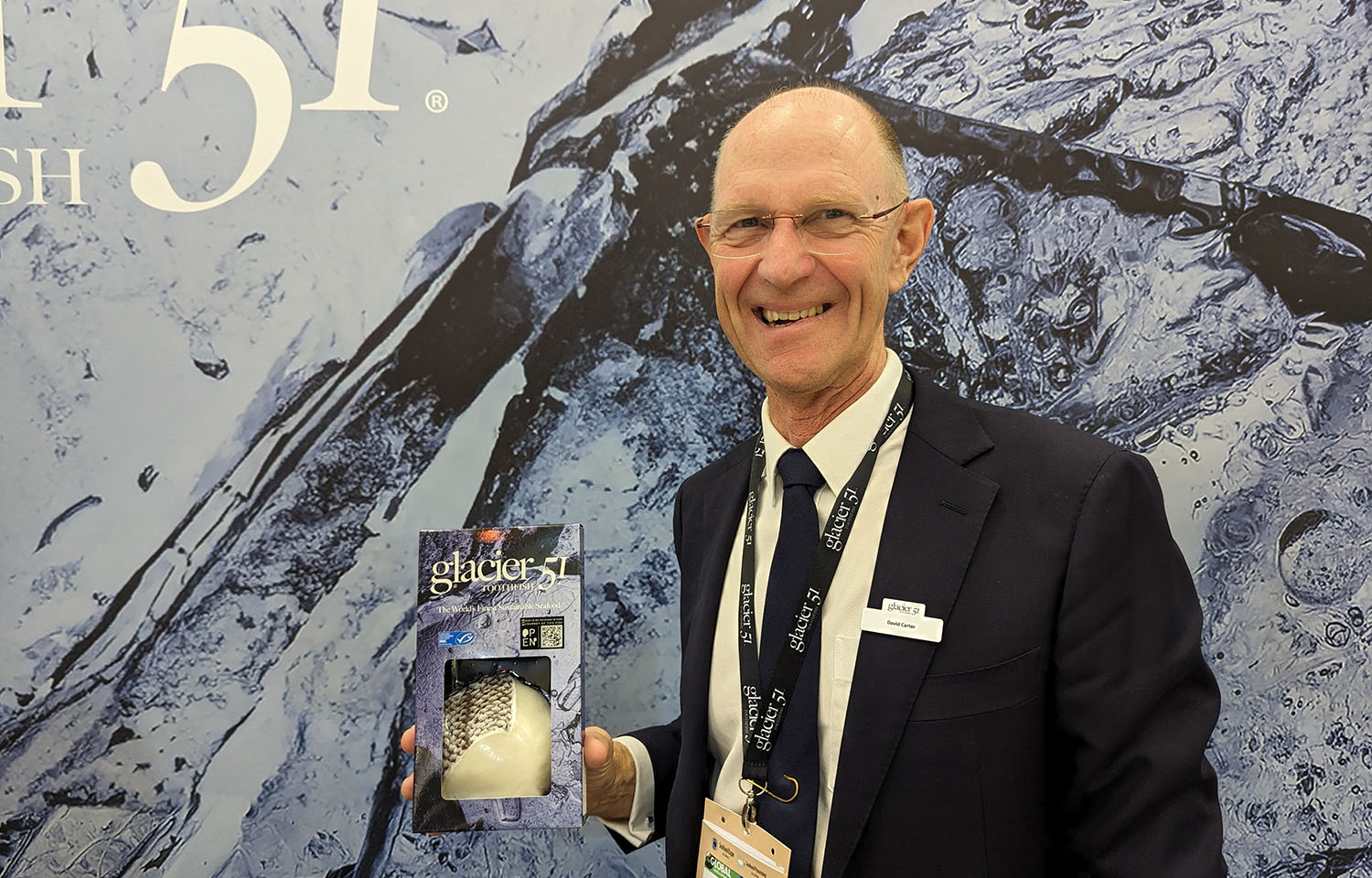 Austral Fisheries CEO David Carter posing with a package of Glacier 51 Toothfish