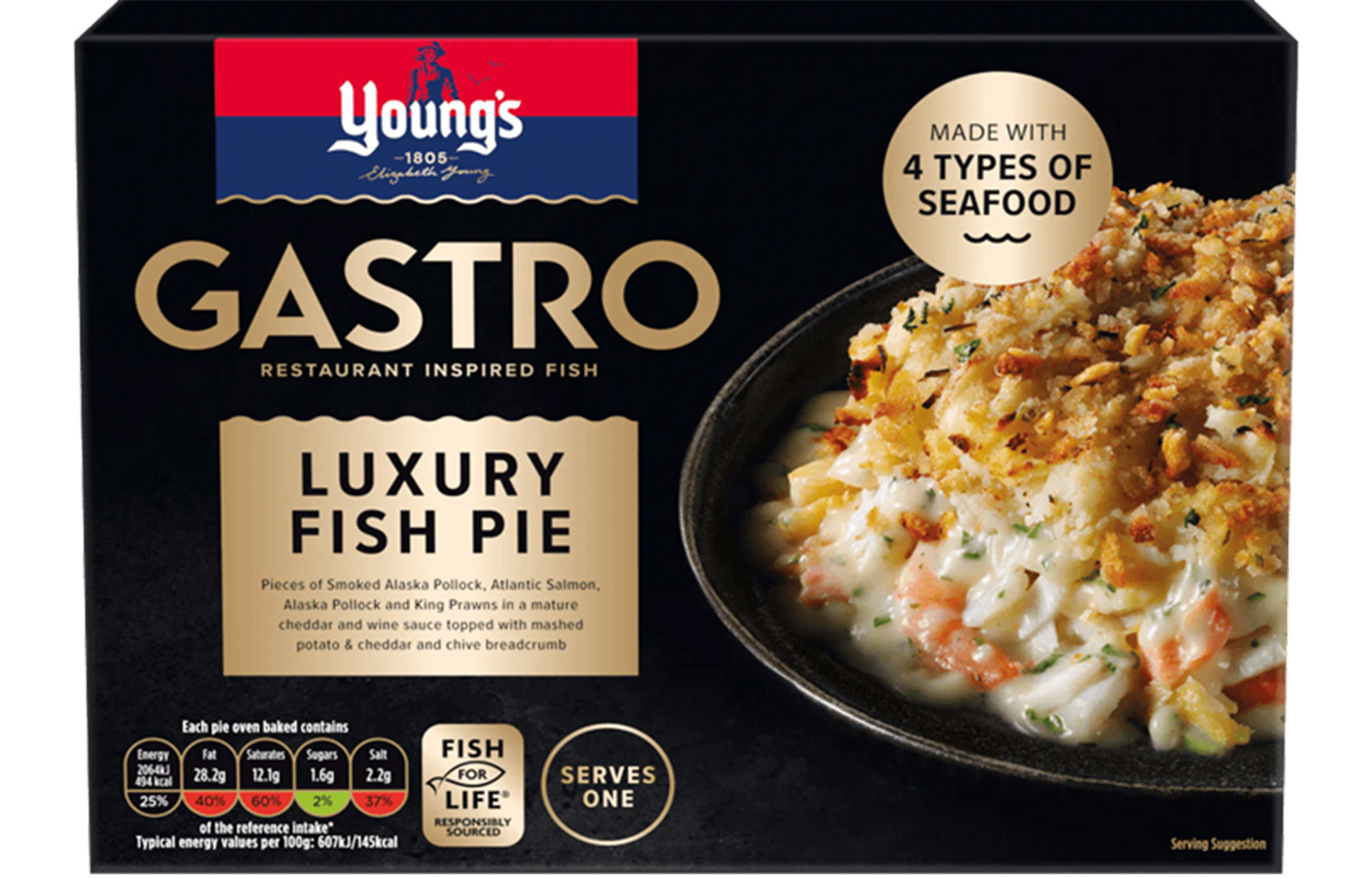 The packaging for Young's Gastro Luxury Fish Pie
