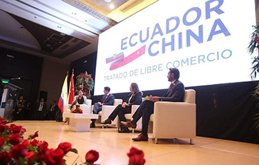A panel discussing the benefits of the Ecuador-China free trade agreement hosted by the Ecuadorian Minister of Production, Foreign Trade, Investment, and Fisheries.