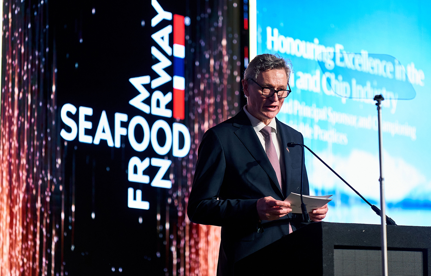 Norway Ambassador to the United Kingdom Tore Hattrem presenting during the 2025 Norway-U.K. Seafood Summit