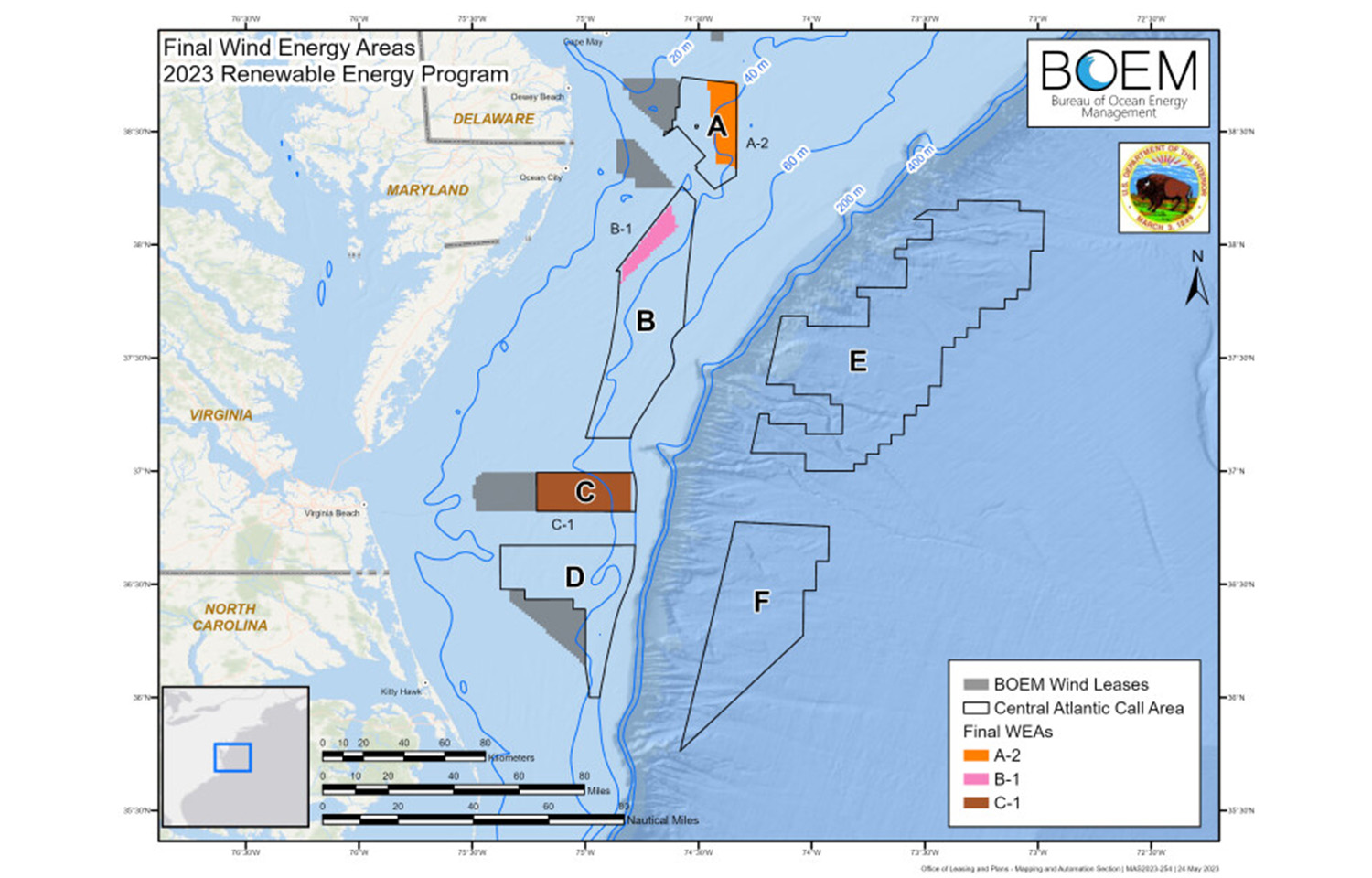 A graphic showing Bureau of Ocean Energy Management's designated wind energy areas