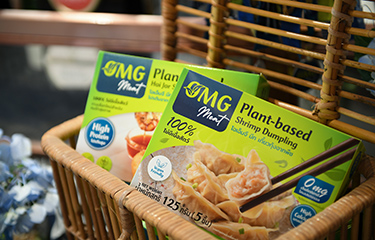 Two packages of OMG Meat's new plant-based shrimp dumplings.