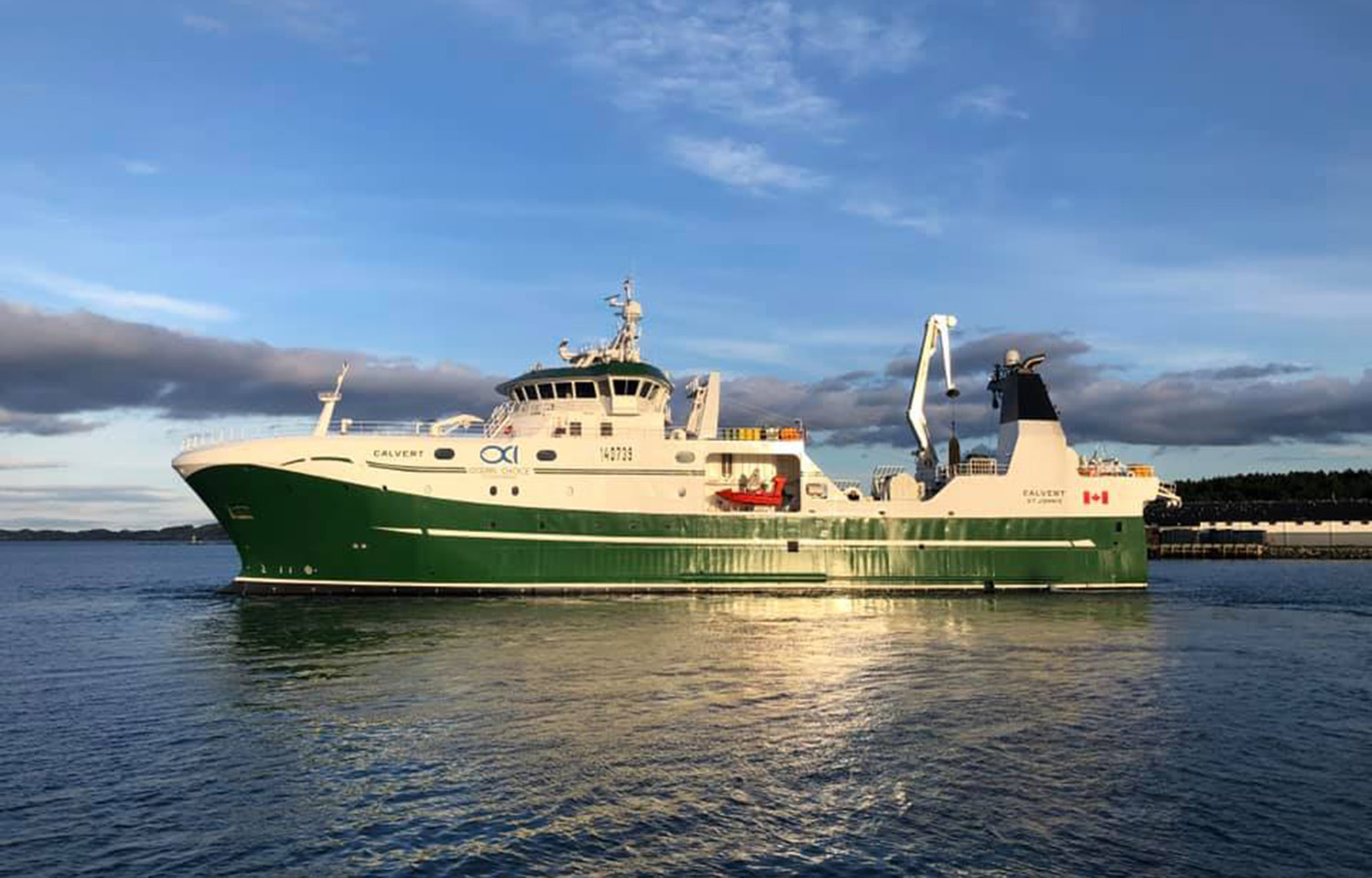 The Ocean Choice International fishing vessel Calvert floating on calm water
