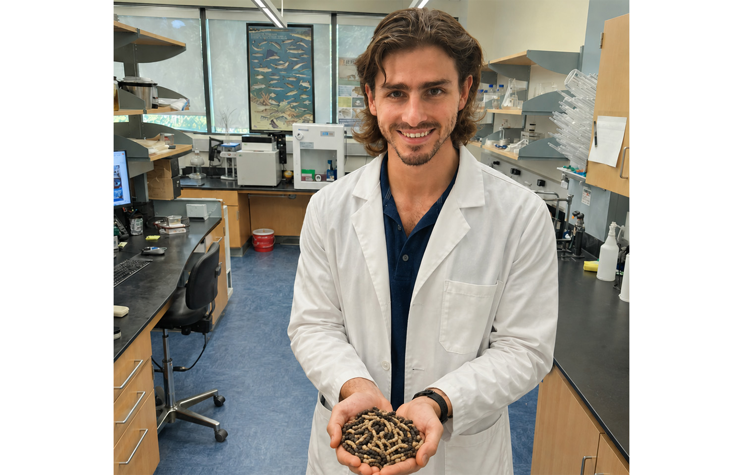 Julio Camperio, Ph.D., in the Aquaculture Nutrition and Biotech Laboratory at the Rosenstiel School, holding black soldier fly larvae
