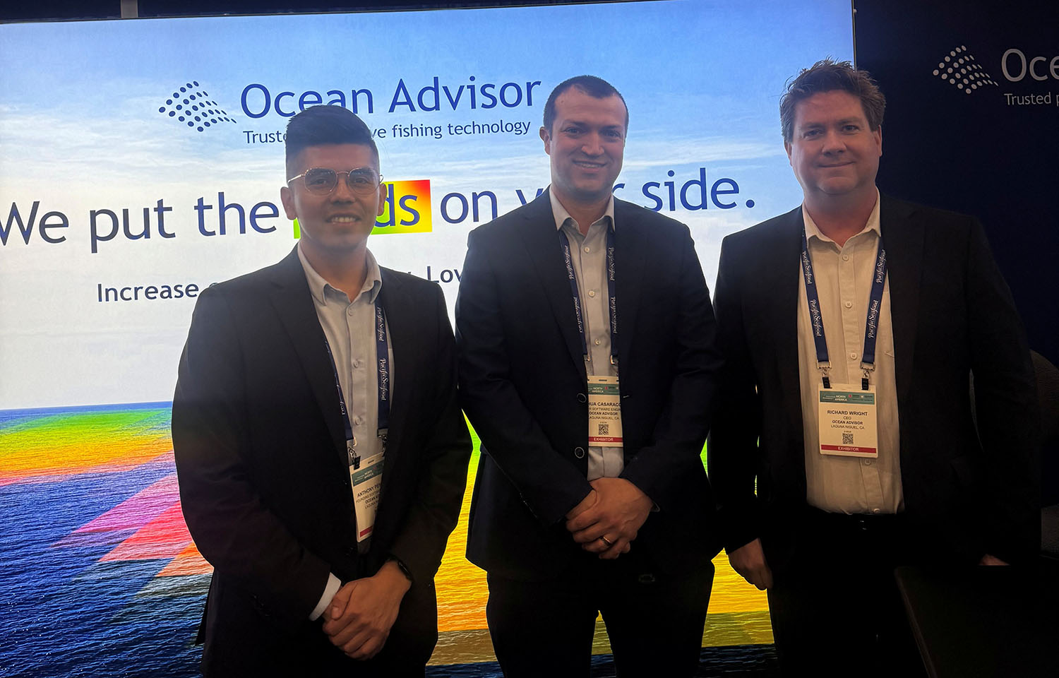 (From left) Ocean Advisor Founding Software Engineer Anthony Penaflor, Senior Software Engineer Joshua Casaraconn, and CEO Richard Wright at the 2026 Seafood Expo North America