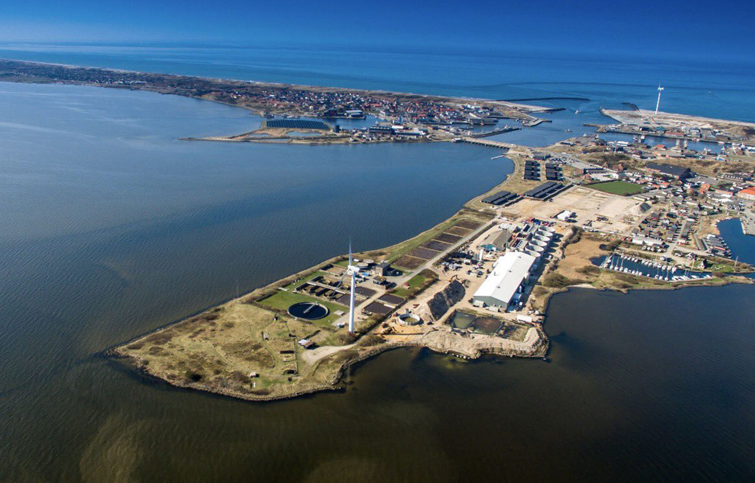 An aerial image of Atlantic Sapphire's "Bluehouse" facility in Denmark before a fire hit it in 2021
