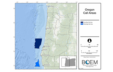 A map of planned ocean wind energy areas off the coast of Oregon.