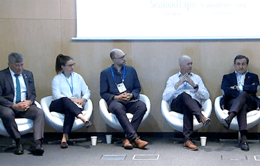 The panel members for SEG panel: “Making Transparency on Human Rights the Norm in Seafood Supply Chains” on stage during the presentation.