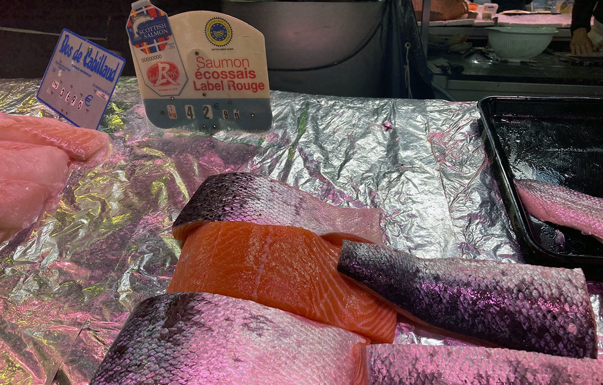 Pieces of salmon on display near a Label Rouge label