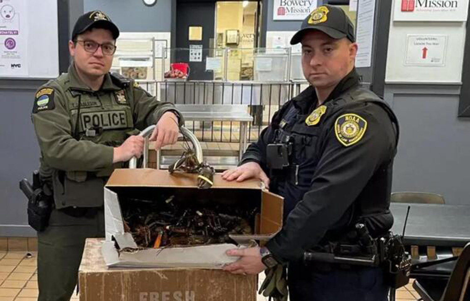 Inspectors posing with a box of undersized lobster