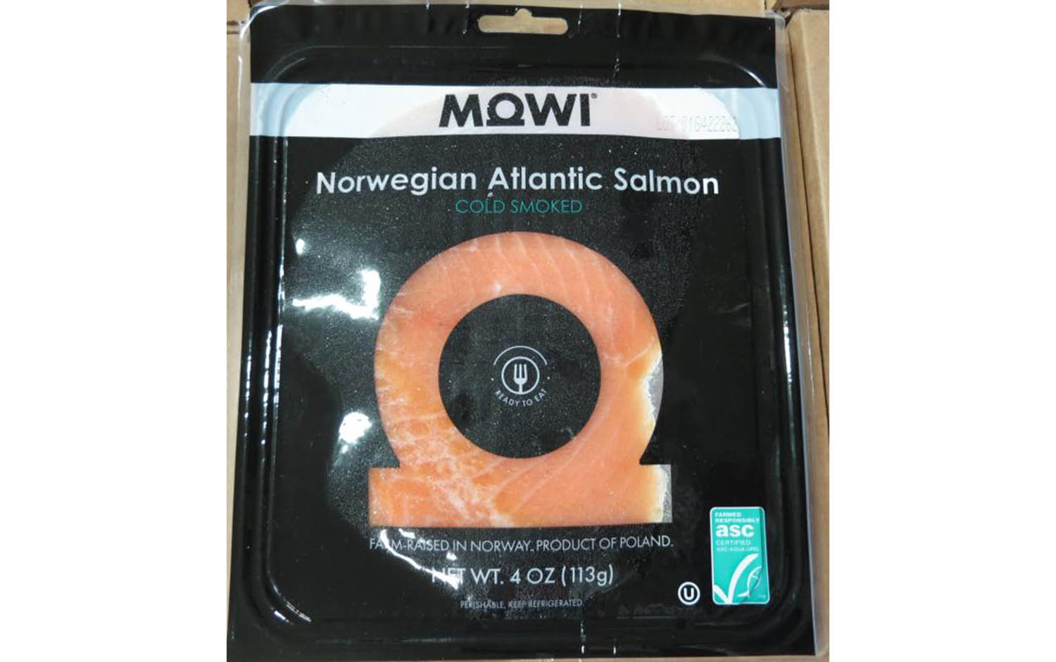 A recalled package of Mowi cold-smoked Atlantic salmon
