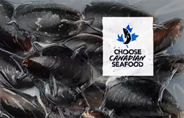 The Choose Canadian Seafood logo on a package of mussels.