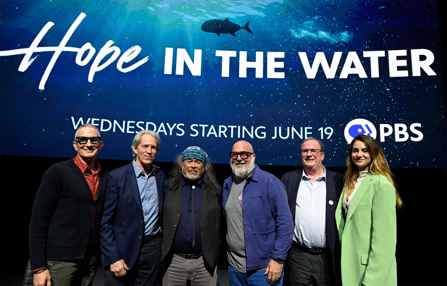 Director Brian Peter Falk, Executive Advisor David E. Kelley, Founder and CEO of the Native Conservancy Dune Lankard, Executive Producer Andrew Zimmern, Deadline’s Pete Hammond, and actor Shailene Woodley participate in a panel during the premiere of Hope in the Water at The Academy Museum of Motion Pictures on 6 June 2024