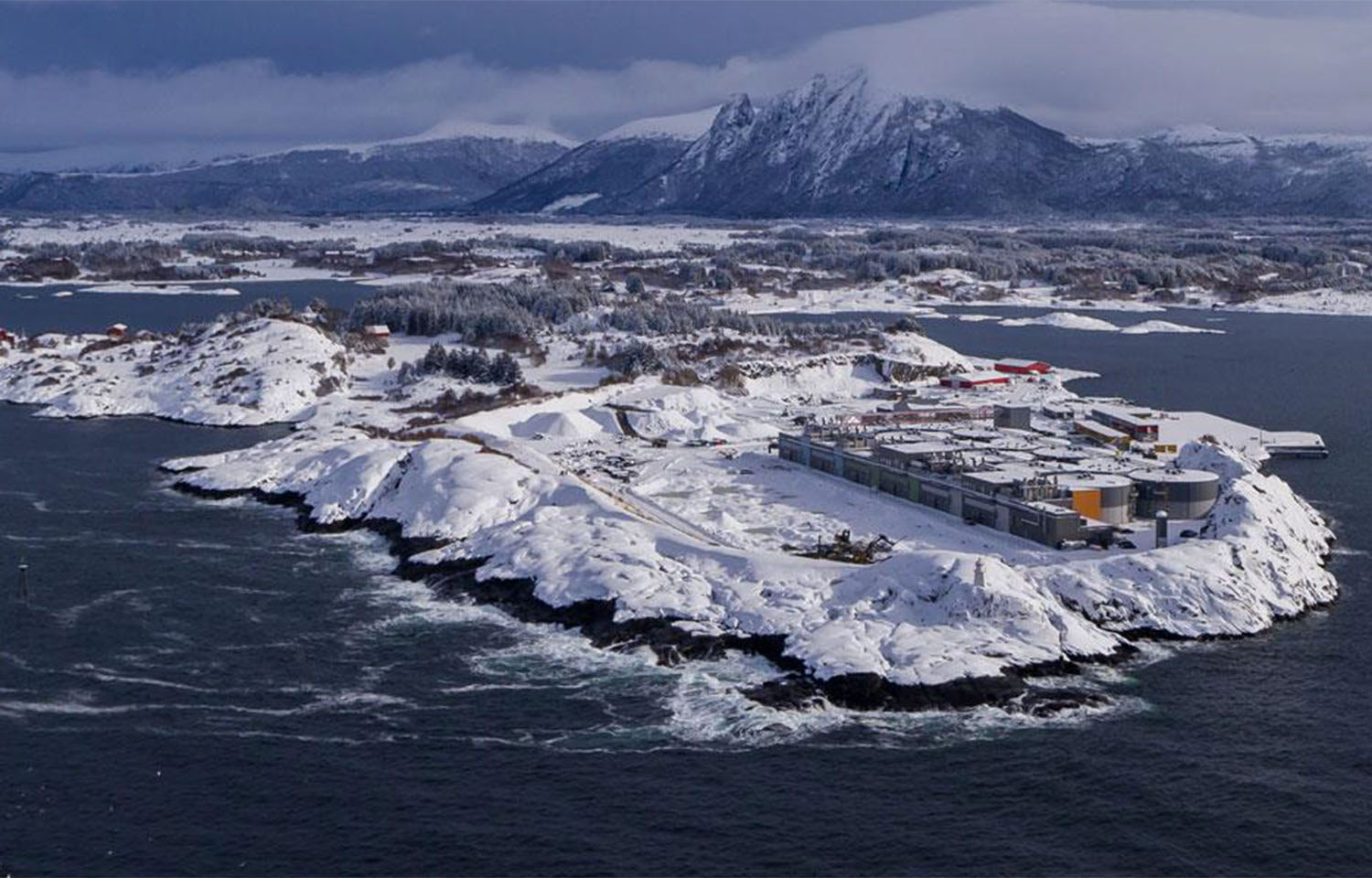 An aerial view of Salmon Evolution's flow-through salmon aquaculture facility in Indre Harøy