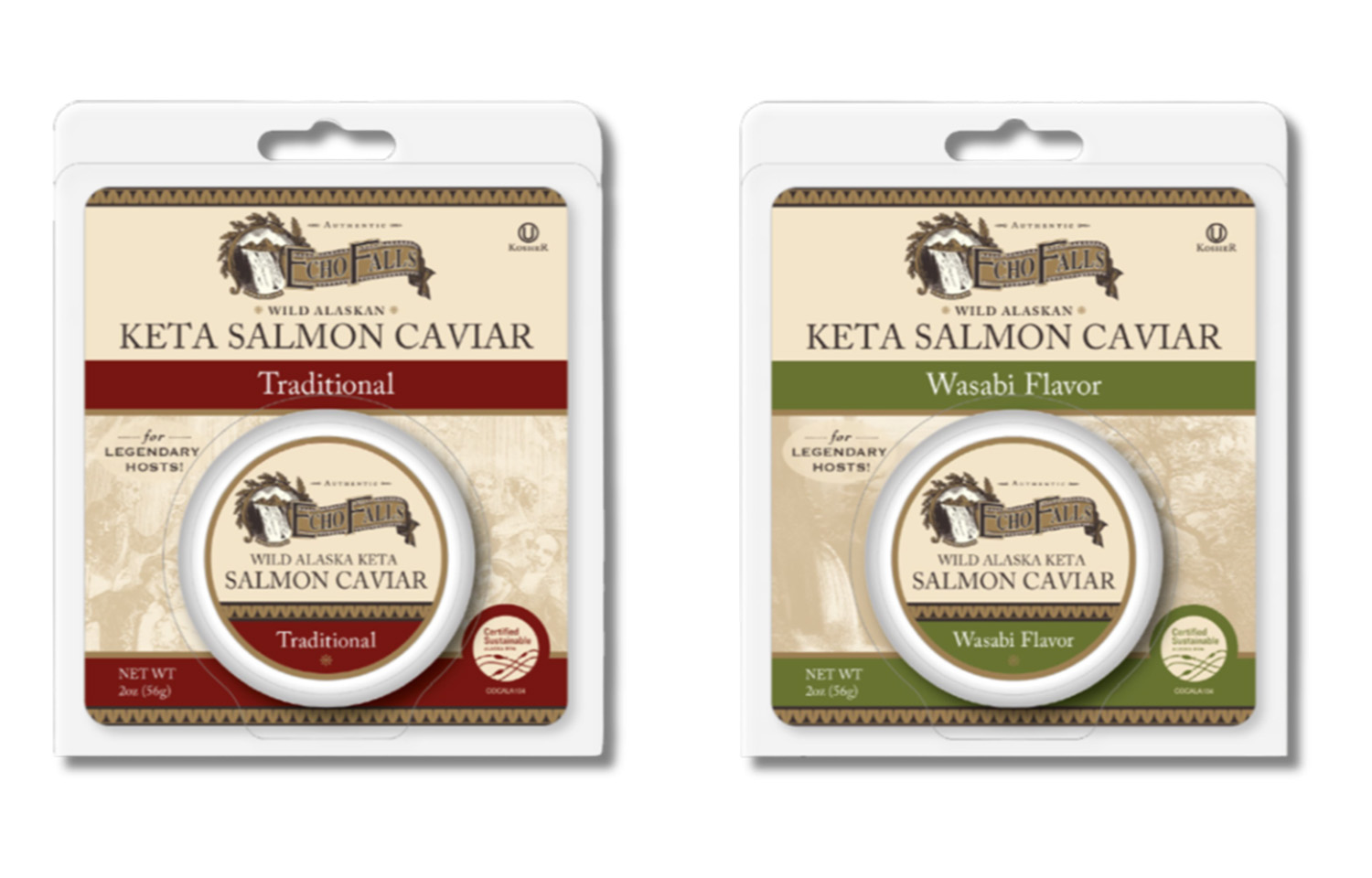 Packaging for Echo Falls' traditional and wasabi flavored salmon caviar
