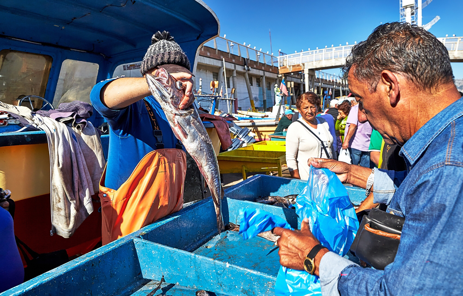 Fishermen at a dock in Valparaiso, Chile