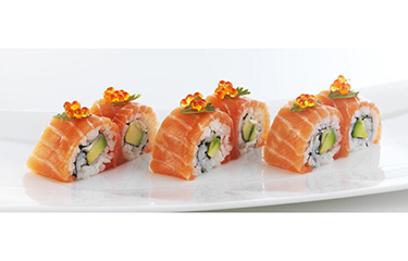 A set of six sushi rolls wrapped in Norwegian salmon.