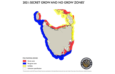 The supposed "secret map" that the Tasmanian government has created, showing potential areas of growth for the salmon industry.