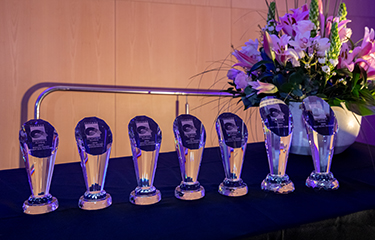 The trophies awarded to the winners of the Seafood Excellence Global Awards in 2022.