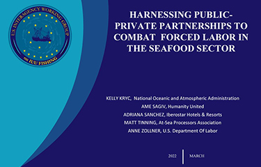 The presentation slide of a 2022 SENA panel focused on forced labor in the seafood industry.