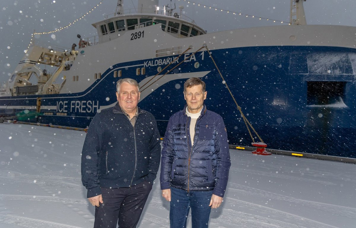 Samherji Managing Director of Ship Operations Kristján Vilhelmsson and Samherji CEO Thorsteinn Már Baldvinsson in front of the first vessel the company purchased 40 years ago.