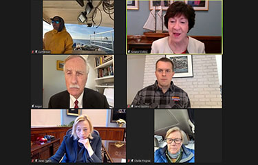 Maine's entire congressional delegation, Governor Janet Mills, and lobsterman Curt Brown on a zoom call.
