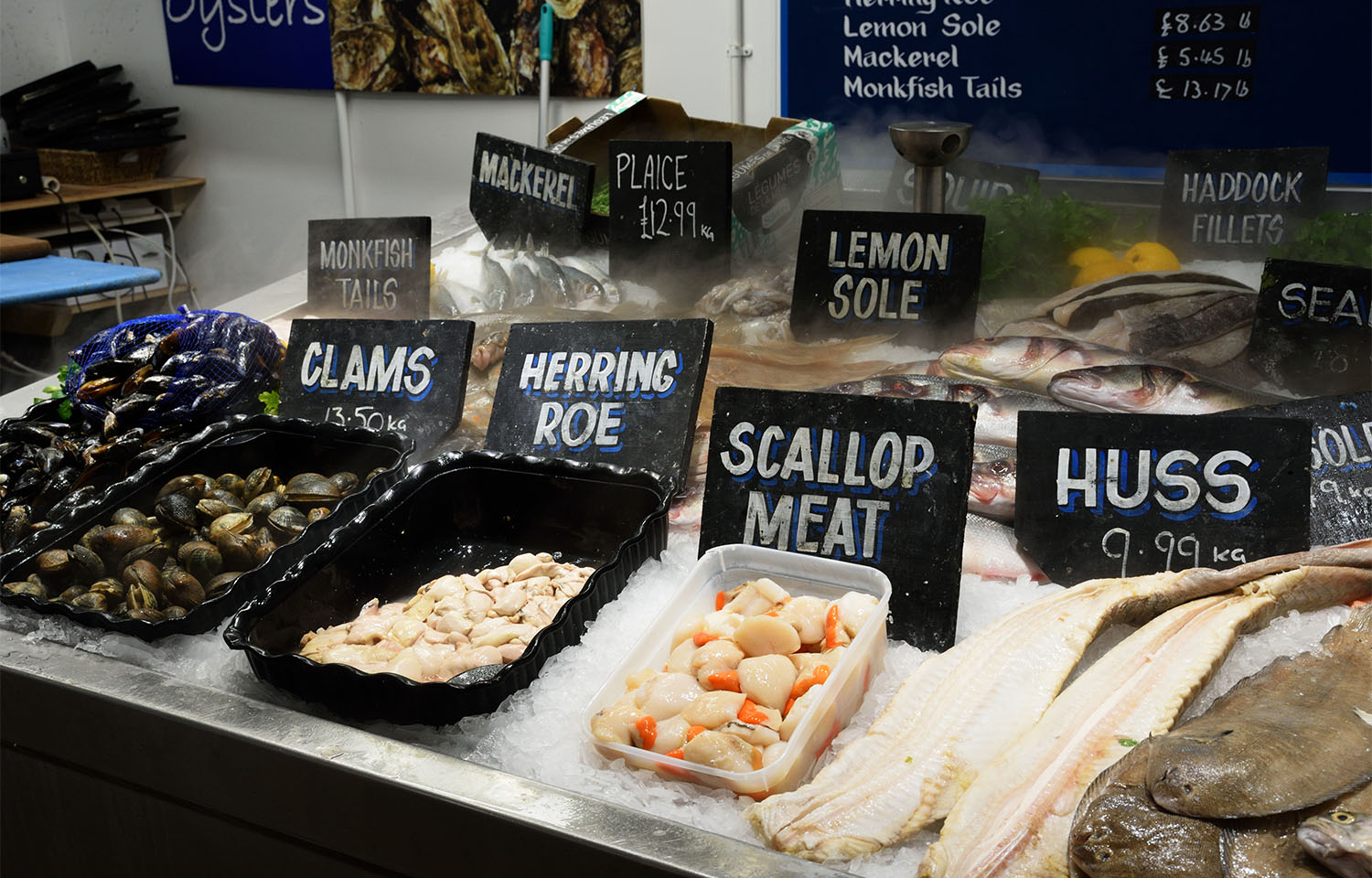 A seafood counter in a retail store