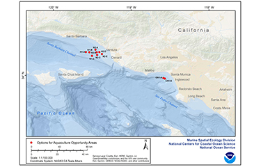 A graphic highlighting potential aquaculture sites in Southern California.