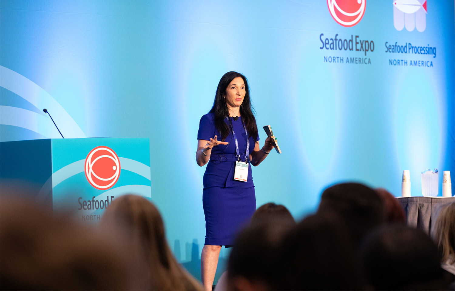 Nomi Prins on stage at Seafood Expo North America