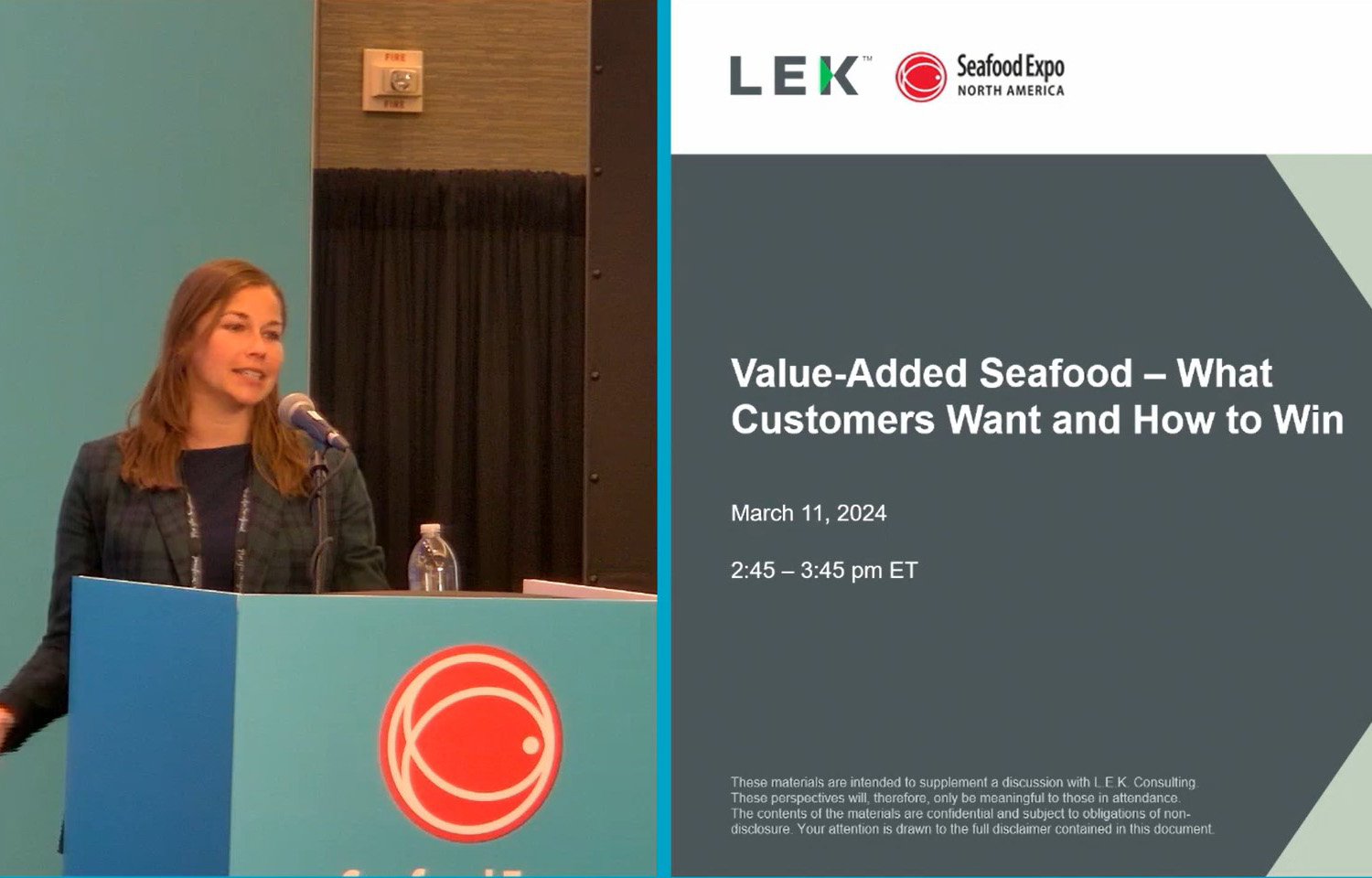 L.E.K. Consulting Managing Director Claire Morgan presenting the SENA Video: Value-Added Seafood – What Customers Want and How to Win