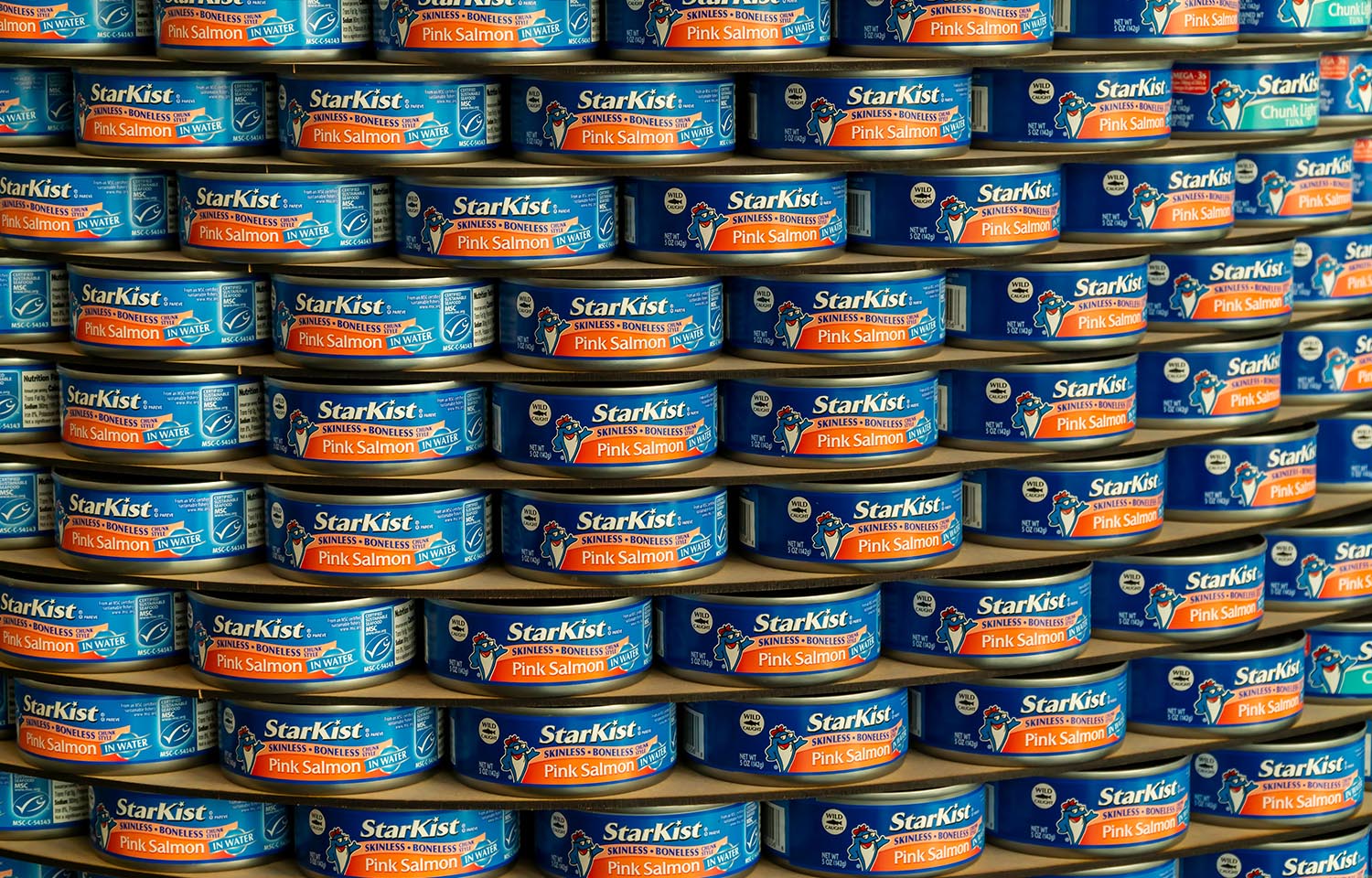 StarKist canned tuna stacked on top of one another