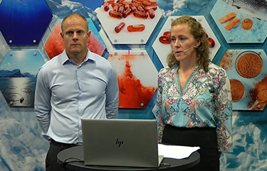 Aker BioMarine CEO Matts Johansen and CFO Katrine Klaveness during the company's Q2 2023 results presentation.