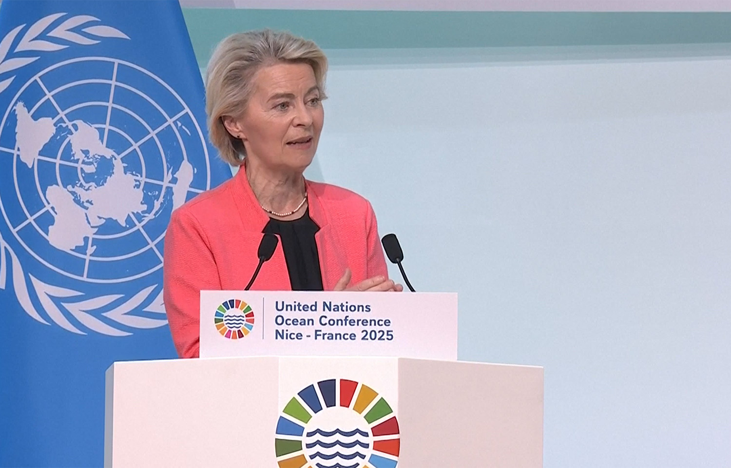 European Commission President Ursula von der Leyen at a podium