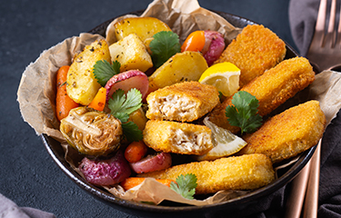 A bowl featuring plant-based seafood analogs.