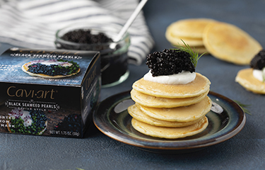 plant based caviar with pancakes